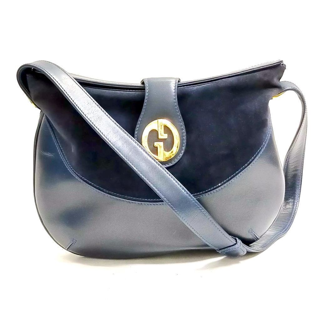 Auth Vintage Gucci Navy Blue Leather Suede Shoulder Bag Preloved Purse Old Gucci